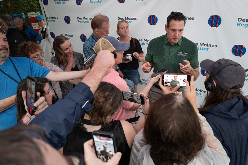 Iowa Republican nominee for governor Zach Lahn speaks to the media Aug. 14, 2026, at the Iowa State Fair in Des Moines, Iowa
