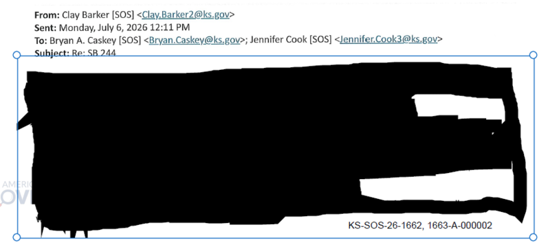 Clay Barker, general counsel for the Secretary of State's Office, attempted to redact his legal analysis, but sent a file that allows the black box to be selected and removed