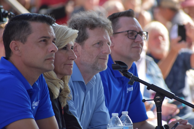 From left, KWCH-TV's Michael Schwanke, Grass and Grain editor and publisher Donna Sullivan, and Kansas Reflector senior reporter Tim Carpenter question candidates during the Sept. 12, 2026, state fair debate in Hutchinson.