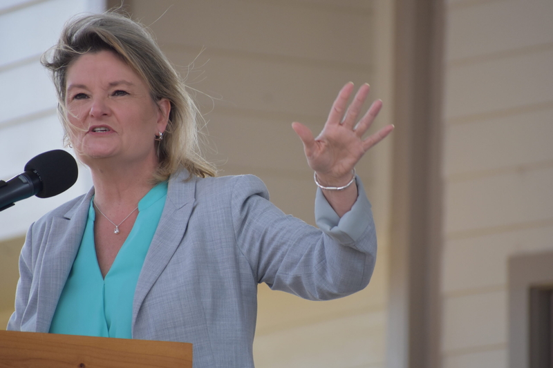 Democrat Cindy Holscher says during the Sept. 12, 2026, state fair debate in Hutchinson that Republican Ty Masterson will keep "attacking reproductive health care" if elected governor.
