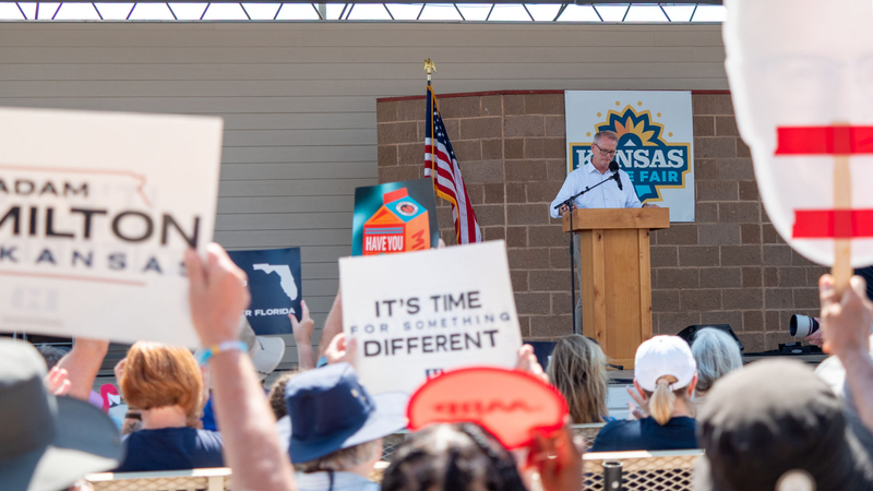 Adam Hamilton appears onstage during the Sept. 12, 2026, debate with U.S. Sen. Roger Marshall at the Kansas State Fair in Hutchinson.