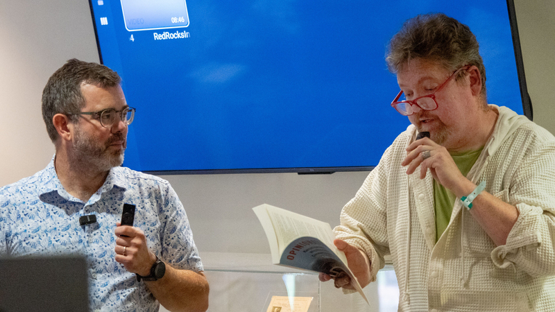Opinion editor Clay Wirestone, right, speaks at a Sept. 27, 2026, Kansas Reflector event at Red Rocks State Historic Site in Emporia.