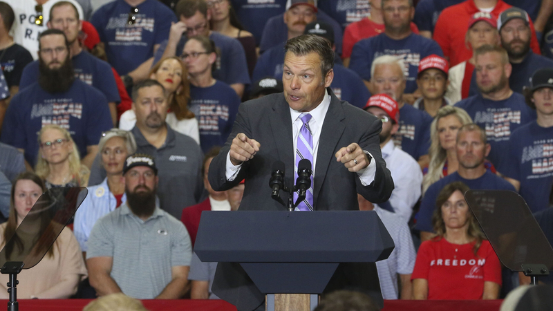 Kansas Attorney General Kris Kobach gestures to the crowd at the Oct. 26, 2026, rally featuring Vice President JD Vance in Topeka