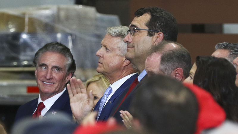 From left: Interior Secretary Doug Burgum, U.S. Sen. Roger Marshall and U.S. Sen. Derek Schmidt attend a Topeka rally featuring Vice President JD Vance on Monday.