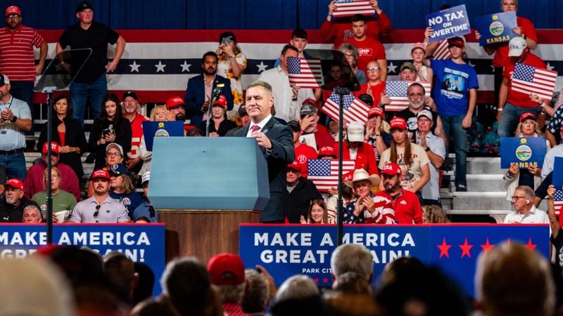 Kansas Rep. Pat Proctor speaks ahead of President Donald Trump's rally Oct. 19, 2026, at Heartland Credit Union Arena in Park City.
