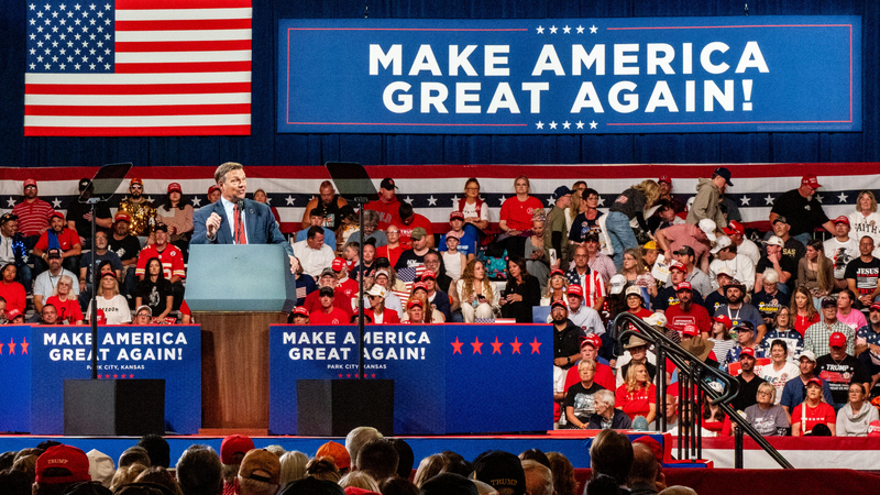 Attorney General Kris Kobach speaks ahead of President Donald Trump's rally Oct. 19, 2026, at Heartland Credit Union Arena in Park City.