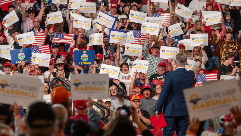 U.S. Sen. Roger Marshall waves to the crowd at an Oct. 19, 2026, rally headlined by President Donald Trump at the Heartland Credit Union Arena in Park City, Kansas.