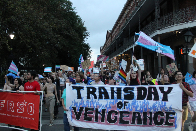 A march for Transgender Day of Visibility passes next to Jackson Square in New Orleans on Friday, March 31, 2023.