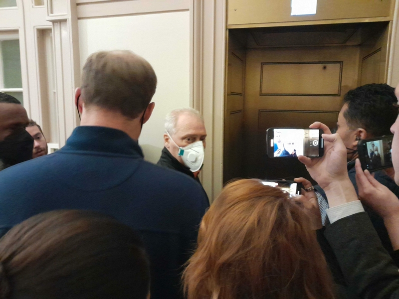 U.S. House Majority Leader Steve Scalise, a Louisiana Republican running for U.S. House speaker, is surrounded by members of the press on Wednesday, Oct. 4, 2023, at the U.S. Capitol.