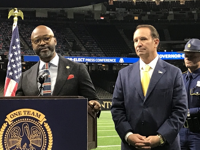 Orleans Parish District Attorney Jason Williams, left, speaks at a Nov. 29, 2093, news conference with Gov.-elect Jeff Landry at the Superdome in New Orleans.