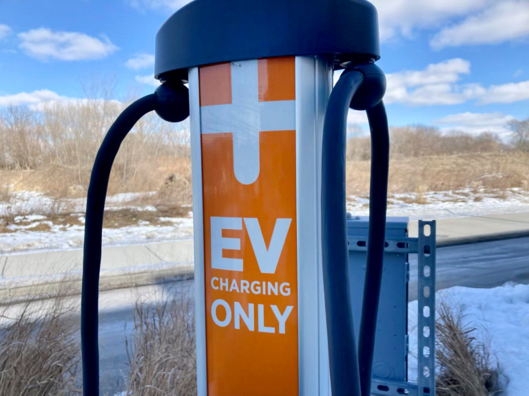 A ChargePoint electric car charging station in a parking lot in Madison, Wis. on Feb. 12, 2022.