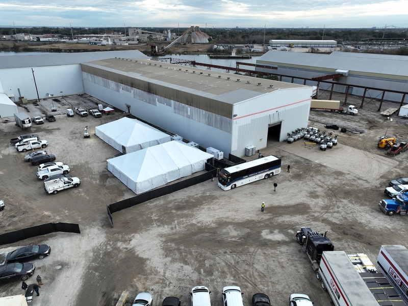 An aerial view of the warehouse on France Road in New Orleans that is being used as a temporary shelter for the unhoused.
