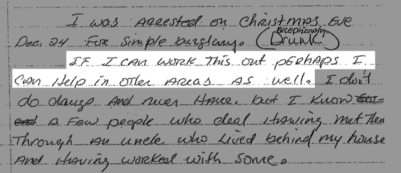 A highlighted letter from Michael Cruse, a former cellmate of Jimmie Duncan’s in 1993, to prosecutors offering to testify about an alleged confession Duncan made.