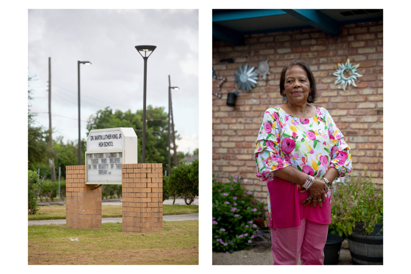 Left: A sign reads “the future belongs to those who believe in the beauty of their dreams” outside of the now shuttered Dr. Martin Luther King Jr. High School, which was built on site of the former Alfred Lawless High School, in the Lower Ninth Ward on Aug. 12, 2025. Right: Former teacher Grace Lomba at home in New Orleans East on Aug. 12, 2025.