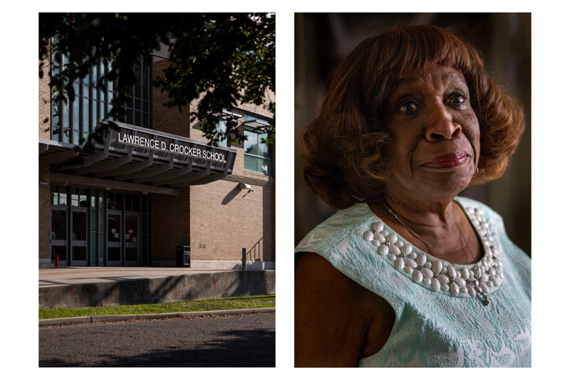 Left: Lawrence D. Crocker College Prep, formerly the Lawrence D. Crocker School, in New Orleans on Aug. 25, 2025. Right: Pichon at home in the Lower 9th Ward on Aug. 3, 2025.