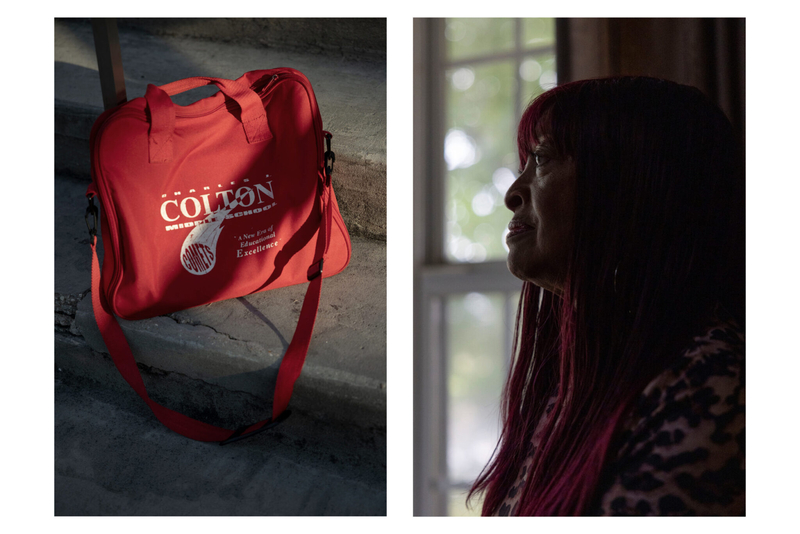 Left: Billie Dolce’s bag from her years as a teacher at Charles J. Colton School. Right: Dolce at home in New Orleans East on July 24, 2025.