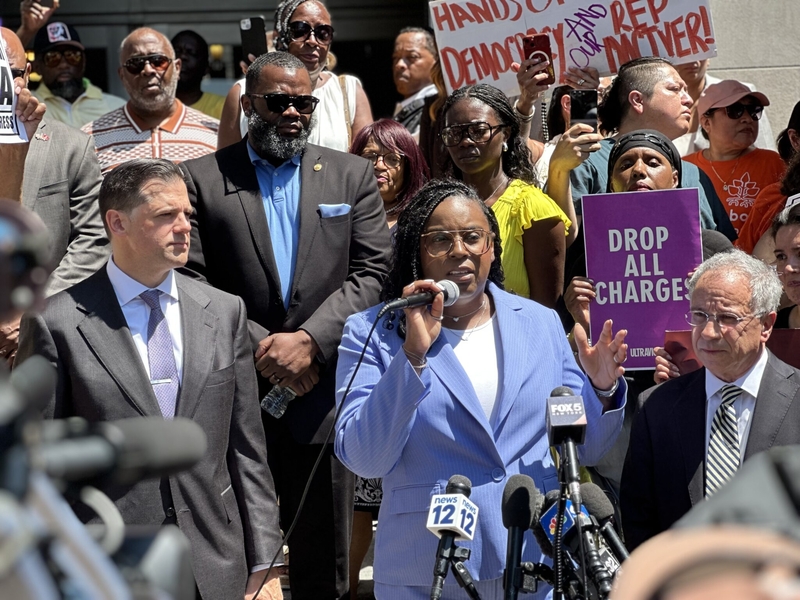 U.S. Rep. LaMonica McIver speaks outside the federal courthouse in Newark on June 25, 2025, after she pleaded not guilty to charges related to a scuffle outside a Newark ICE jail.