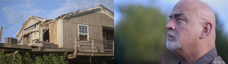 Chris Brunet visits his former home on Isle de Jean Charles, which has visible roof damage.