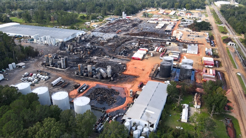 Drone view of burned and destroyed Smitty's plant
