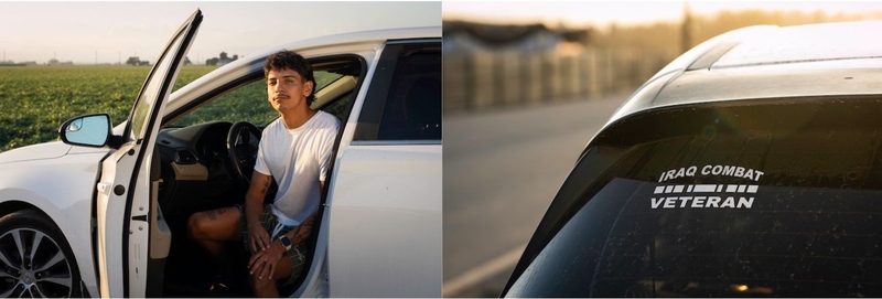 In side-by-side photos, George Retes is shown exiting from behind the wheel of his SUV, which has a sticker on its rear window that reads Iraq Combat Veteran.