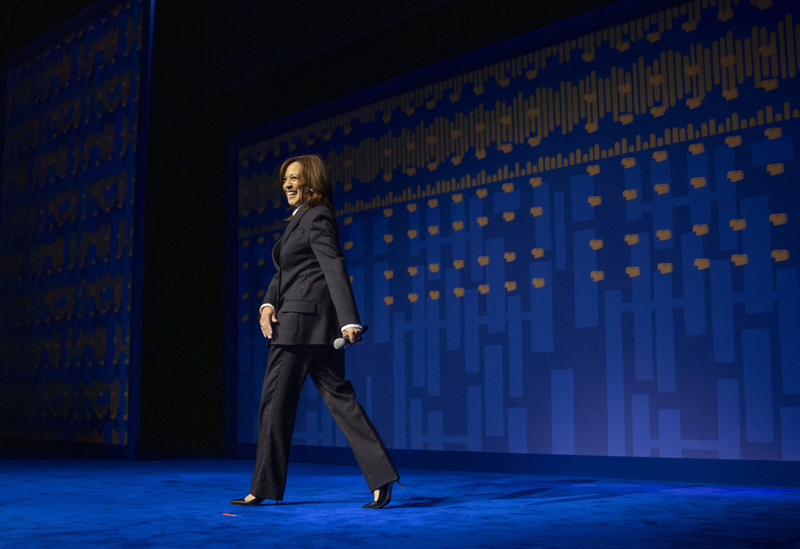 Former Vice President Kamala Harris walks onstage to introduce Mayor Helena Moreno during her inauguration at the Saenger Theater in New Orleans on Jan. 12, 2026.