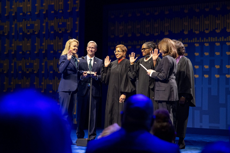 Former Vice President Kamala Harris swears in New Orleans Mayor Helena Moreno, left, at the Saenger Theatre.