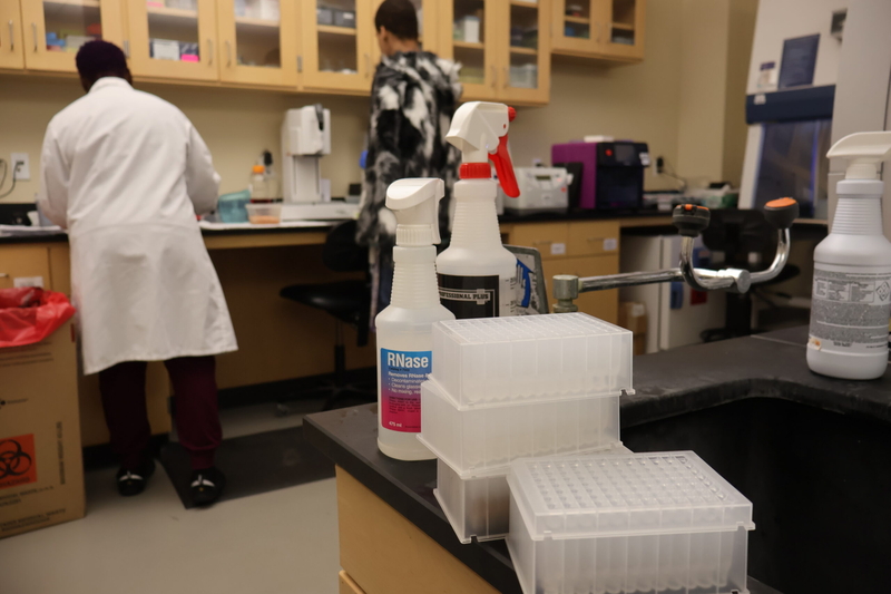 People working in lab coats testing samples at a table. A bottle and plastic tray is in the foreground.
