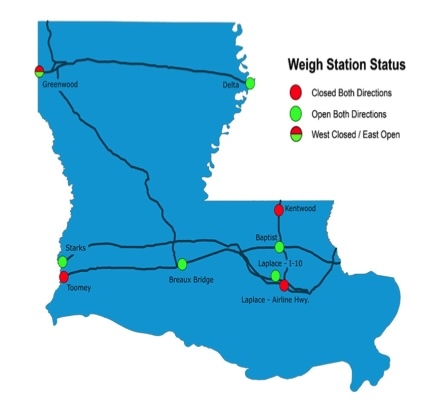 A map of weigh station locations in Louisiana, coded to identify opened and closed sites.