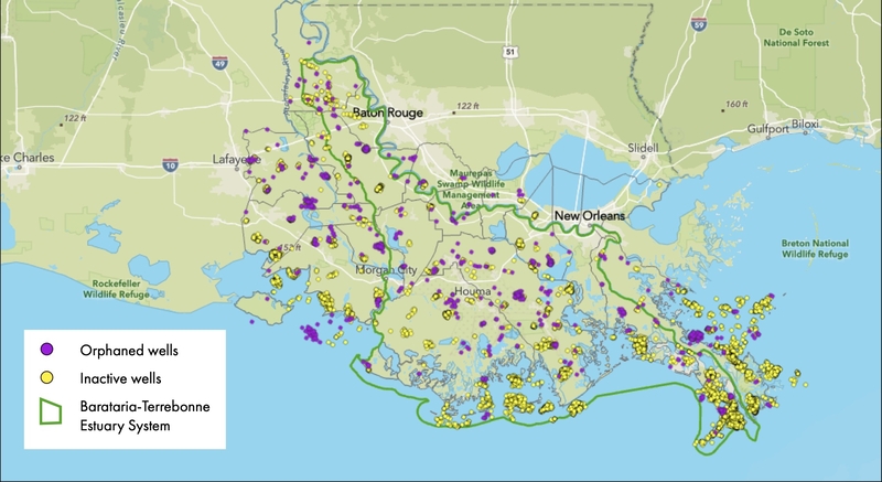A map of the Barataria-Terrebonne Estuary marked with the locations of orphaned and inactive oil and gas wells.