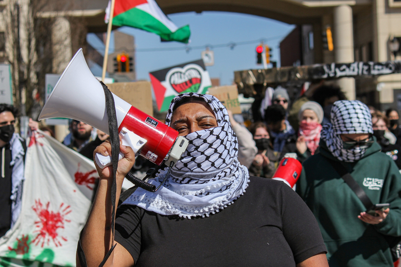 Pro-Palestinian university student groups march in and outside of the Michigan Capitol