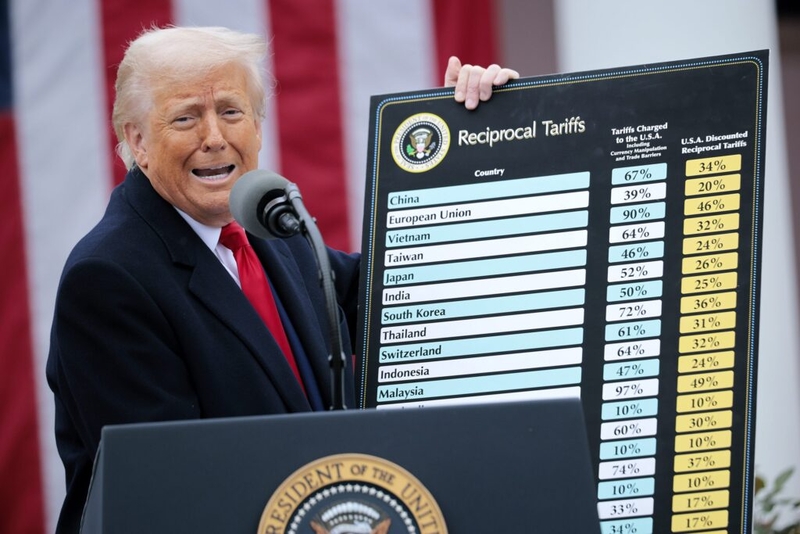 President Donald Trump holds up a chart while speaking during an event announcing broad global tariffs in the Rose Garden of the White House on April 2, 2025. &nbsp;(Photo by Chip Somodevilla/Getty Images)
