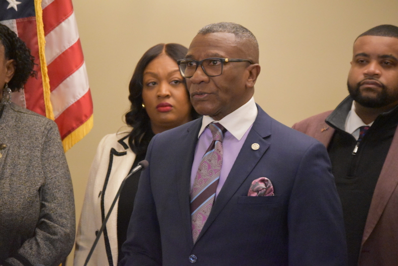 State Rep. Amos O’Neal (D-Saginaw), Michigan Legislative Black Caucus Chair, speaks at a press conference