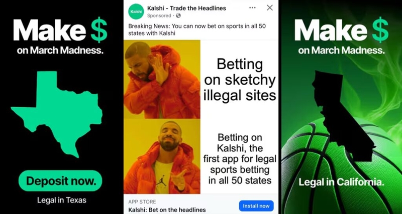 In this online ad, prediction market platform Kalshi advertises its sports betting products in California and Texas, both states that have not legalized sports gambling. States are increasingly targeting platforms like Kalshi, arguing they circumvent the protections and taxes of regulated gambling markets. (Image courtesy of Dustin Goucher/ Event Horizon newsletter)