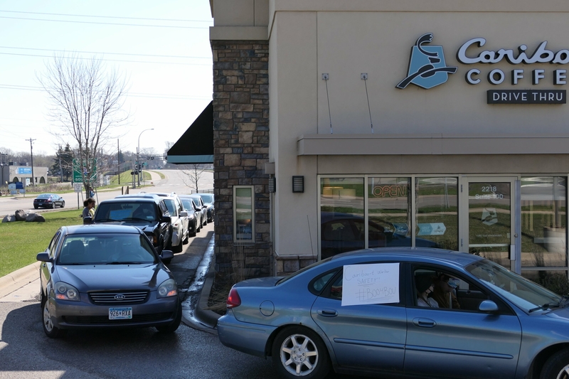 Demonstrators shut down Caribou drive-thru demanding worker protections