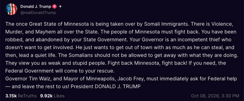President Trump tells Minnesota to ‘fight back’ against Somali immigrants