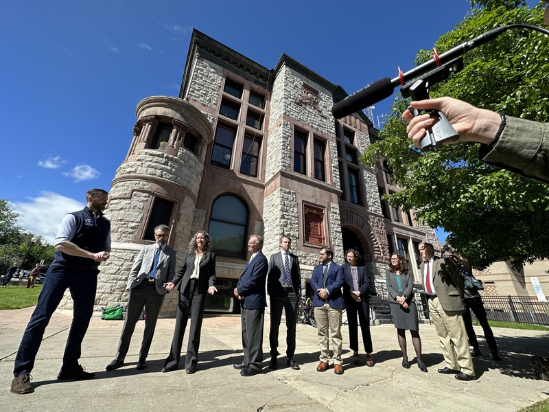 Attorneys for Our Children's Trust, the Western Environmental Law Center, and McGarvey Law, which represented the plaintiffs in the Held v. Montana trial, speak at a news conference following the trial on Tuesday, June 20, 2023.