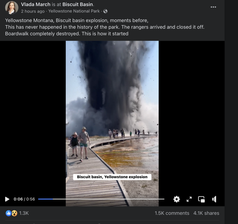 A video posted to Facebook by Vlada March showed the hydrothermal explosion on July 23, 2024, in Black Diamond Pool in Yellowstone National Park. (Screenshot via Facebook/Vlada March)