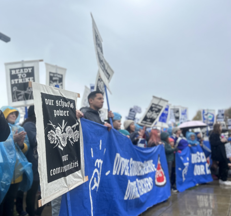 Hundreds of educators, parents and students joined a rally Nov. 1. 2023 at Roosevelt High School in northeast Portland to support striking teachers who want better pay, smaller class sizes and more planning time among other demands. (Alex Baumhardt/Oregon Capital Chronicle)