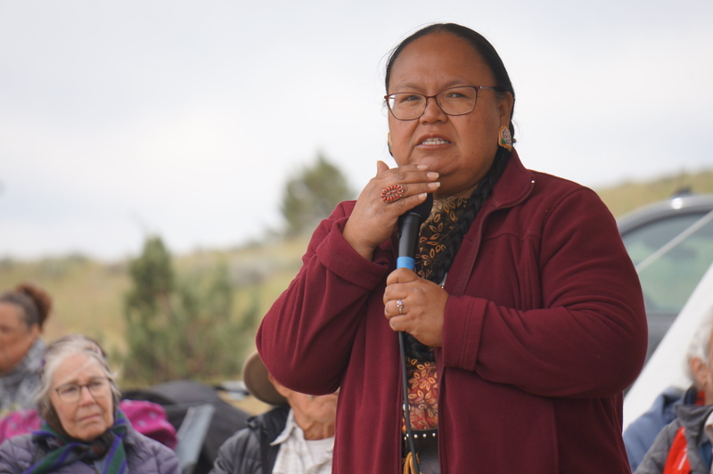 Elaine Harvey, a member of the Yakama Nation and a watershed manager at the Columbia River Inter-Tribal Fish Commission speaks at an event near Pushpum, a site sacred to Columbia River tribes near Goldendale, Wash. on Friday, May 8, 2026. Leaders from the Yakama Nation, as well as nonprofit environmental groups, are hoping to stop the development of a pumped storage energy project which they say will threaten the site, the seeds and roots tribal members harvest from it as well as wetlands, groundwater and w