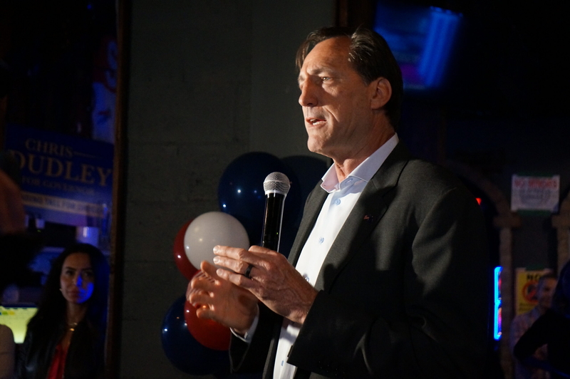 Oregon Republican Gubernatorial hopeful and former NBA player Chris Dudley concedes the primary race to state Sen. Christine Drazan, a Canby Republican, on Tuesday, May 19, 2026 at the Cheerful Tortoise in Portland. (Photo by Alex Baumhardt/Oregon Capital Chronicle)