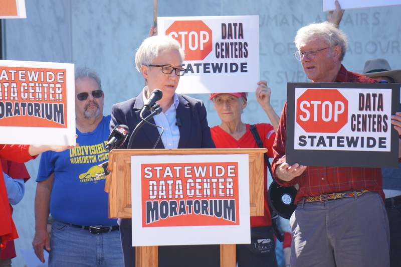 Gov. Tina Kotek at a rally on Tuesday, Sept. 8, 2026 at the Oregon State Capitol, where demonstrators called for a moratorium on new data center development in the state for three years. (Photo by Alex Baumhardt/Oregon Capital Chronicle)