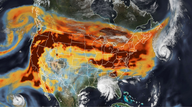 Climate-induced weather disasters include record wildfires in the West, record-setting heat waves and droughts, and aggressive hurricanes. Here, smoke plumes and hurricane clouds are visible at once. (NASA Earth Observatory)