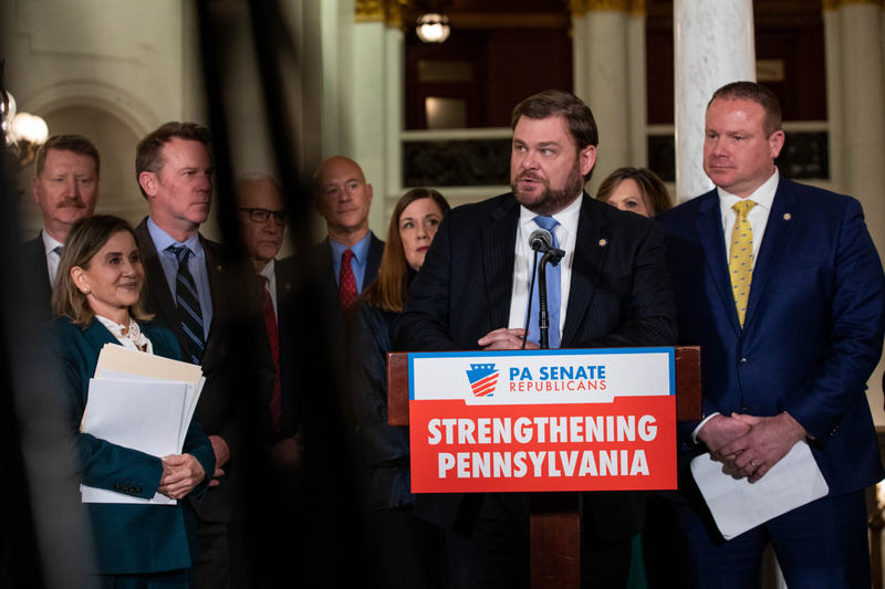 Senate Majority Leader Joe Pittman, R-Indiana, speaks during a news conference on March 7, 2023 (Photo by Amanda Mustard for the Pennsylvania Capital-Star).