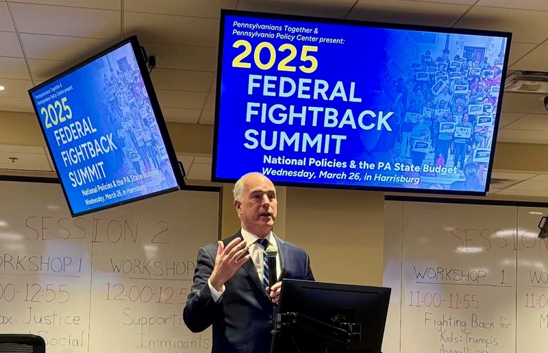 Bob Casey speaks in Harrisburg on March 26, 2025. (Photo by John Cole/Pennsylvania Capital-Star)