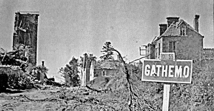 The aftermath of the battle between the 28th Division and German troops in Gathemo, France, in August, 1944. (Screenshot from National Archives film)