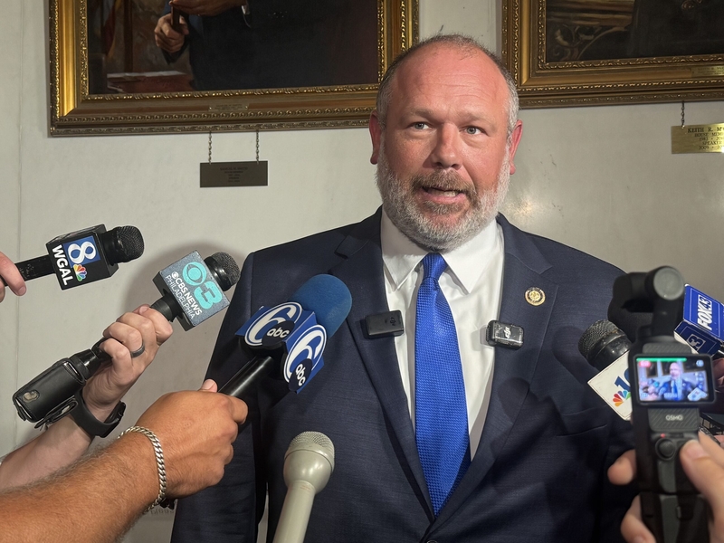 Pennsylvania House Minority Leader Jesse Topper (R-Bedford/Fulton) talks to reporters Wednesday, Aug. 13, 2025, after the Rules Committee voted on party lines to reject a GOP-backed Senate transit funding proposal. (Ian Karbal/Pennsylvania Capital-Star)