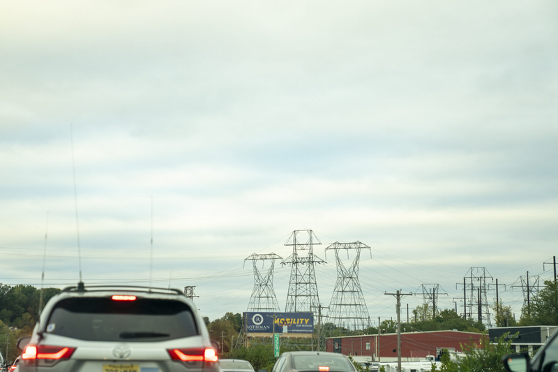 Transmission lines along a highway in Lancaster County on October 14, 2025. (Photo by Jessica Kourkounis for the Pennsylvania Capital-Star)