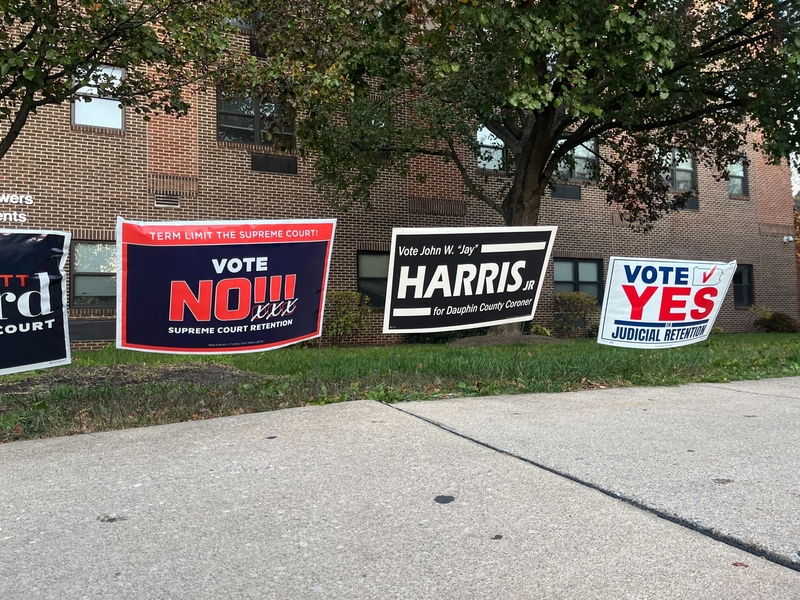 Election signs posted in Harrisburg on Nov. 4, 2025. (Photo by Whitney Downard/Pennsylvania Capital-Star)