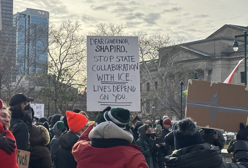 Protesters braved freezing temperatures in Philadelphia on January 24, 2026, to voice their anger over immigration enforcement tactics by the Trump administration. They also called on Gov. Josh Shapiro to stand up to to federal efforts in other states. (Photo by John Cole for the Pennsylvania Capital-Star)