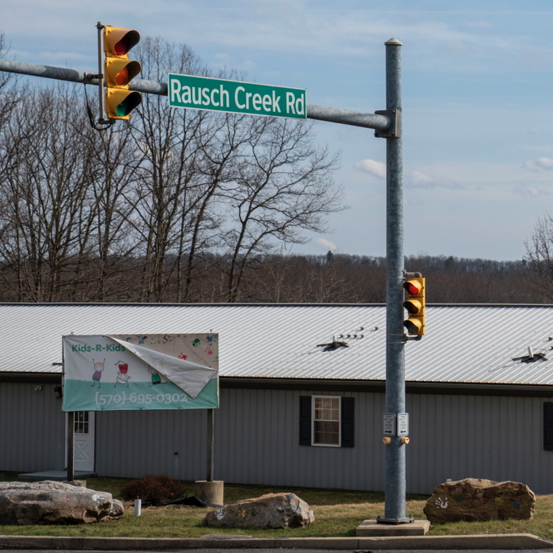 Joyce Wetzel's Kids-R-Kids daycare center at Route 209 and Rausch Creek Road, adjacent to the former Big Lots distribution center recently purchased by the federal government for conversion into a 7,500-person capacity Immigration and Customs Enforcement detention and processing facility as part of its mass deportation push. (Photo credit: Jessica Kourkounis for The Pennsylvania Capital-Star)